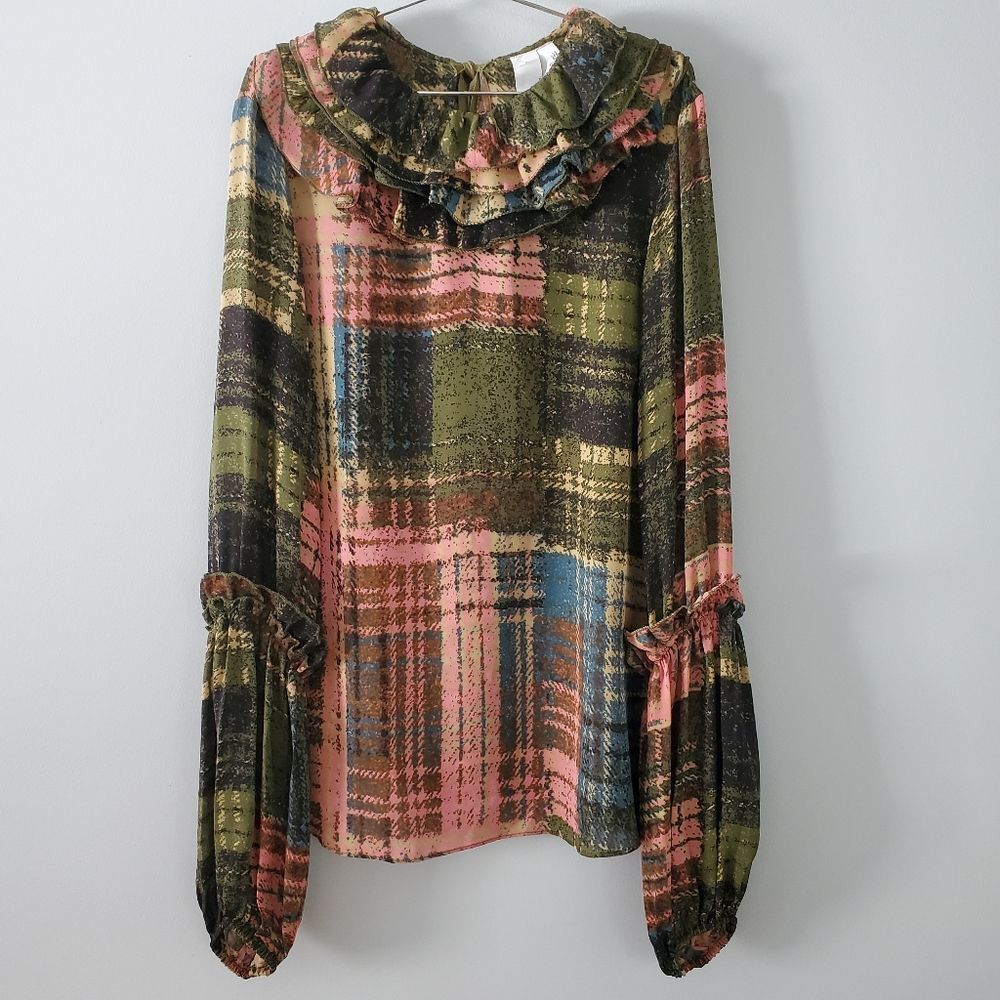 2b RYCH Multi-color Plaid Print Silk Ruffle Blouse Size 8